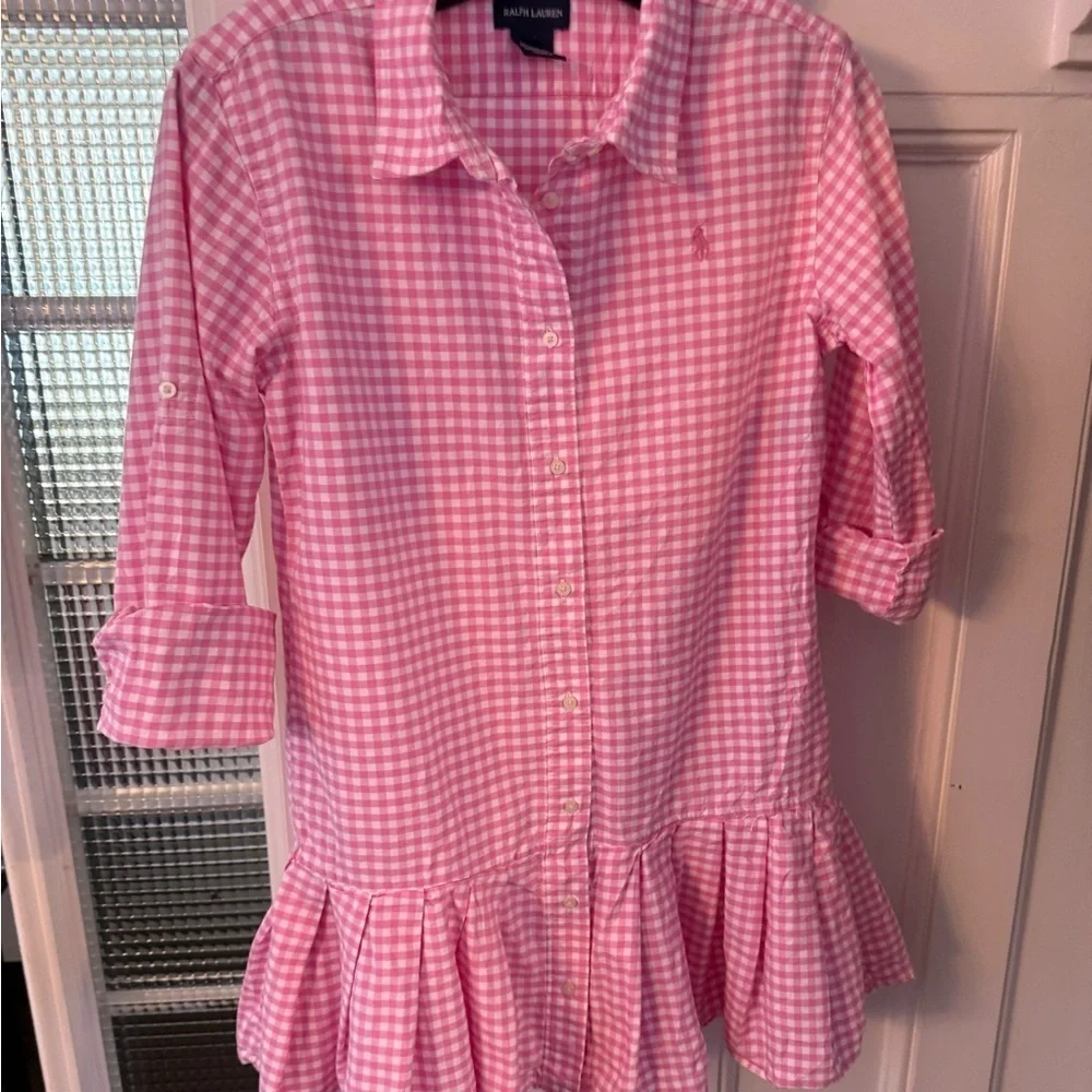 Ralph Lauren Girls Shirt Dress Pink/White Check Pleated Skirt Drop Waist Sz 16